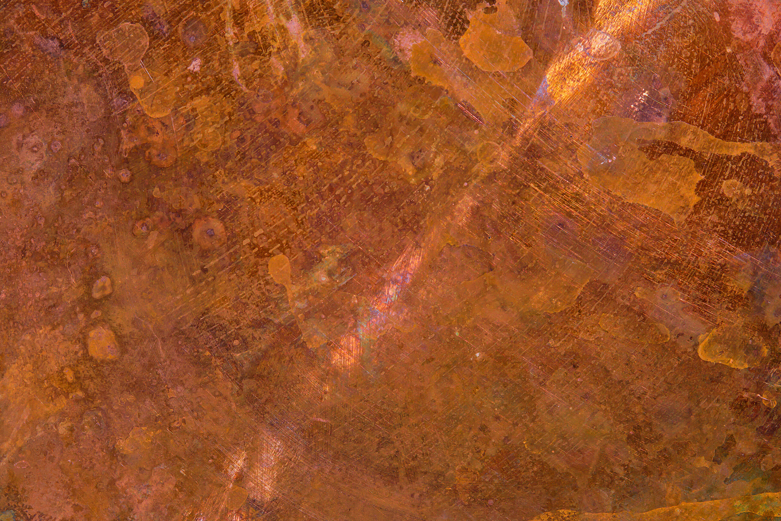 Panoramic grunge copper pan texture, patina and oxidized metal background. Old metal panel.